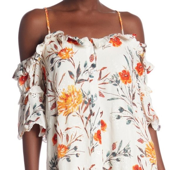 Eyelet Floral Cold Shoulder Ruffle Button Up Dress - Picture 3 of 9